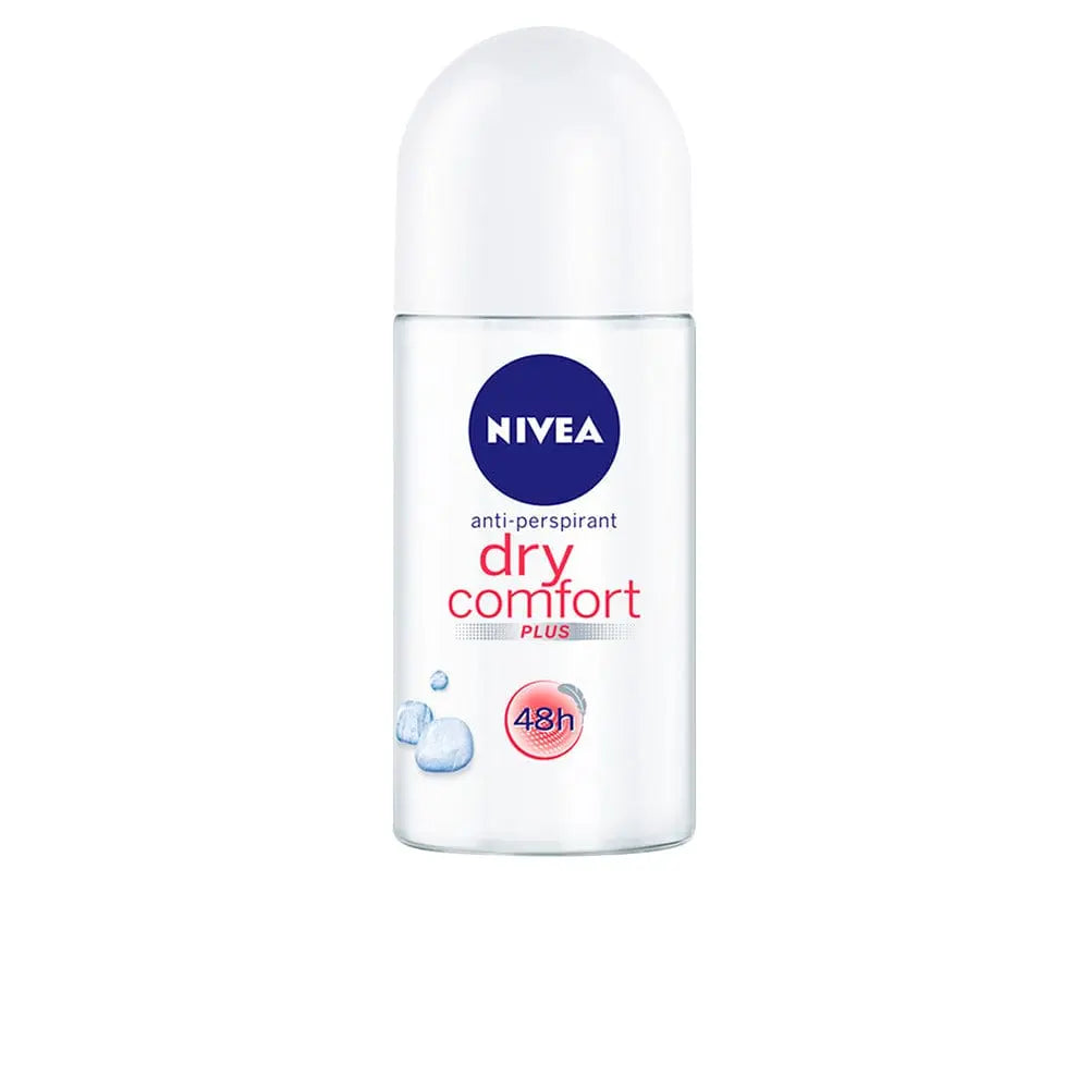 Nivea Dry Comfort anti-transpirant roll-on in 50ml bottle, showcasing smooth, clear liquid with Nivea branding and packaging details.