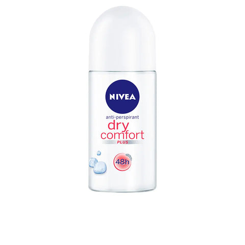 Nivea Dry Comfort anti-transpirant roll-on bottle, 50ml, with blue cap and label, displayed on a plain background.