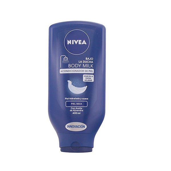 Nivea In Shower Body Moisturiser for dry skin in a 400ml bottle, displayed with the product label and packaging.