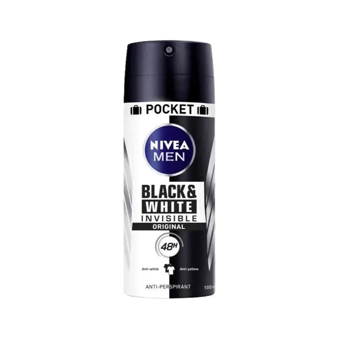 Nivea Men Black & White Invisible Original Deodorant Spray 100ml by Jag Couture London New York, showing the spray can with branding.