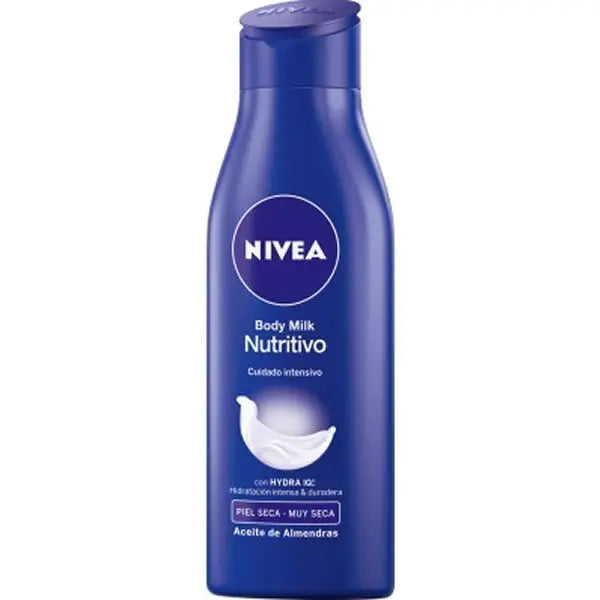 Nivea Nourishing Body Milk 400ml bottle with blue cap and label, displayed on a plain background.