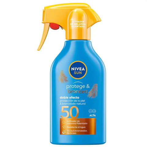 Nivea Protect & Bronze Sun Spray SPF50 in 270ml bottle, featuring a blue and white design, for outdoor sun protection.