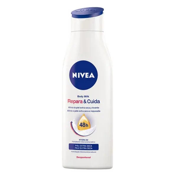 Nivea Repair & Care Body Milk 400ml bottle with blue and white packaging, designed for nourishing skin care.