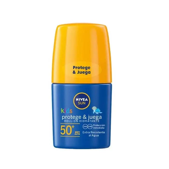 Nivea Sun Protect & Play Roll On Solar SPF50 50ml, sunscreen for children, in a compact roll-on bottle with blue and white packaging.