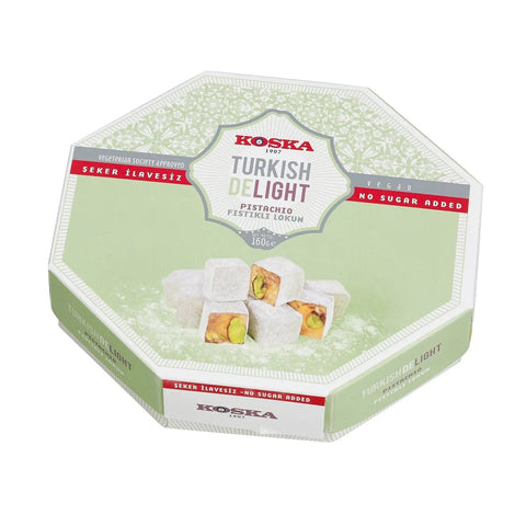 No sugar added pistachio Turkish Delight in a decorative hexagon box by Jag Couture London New York.