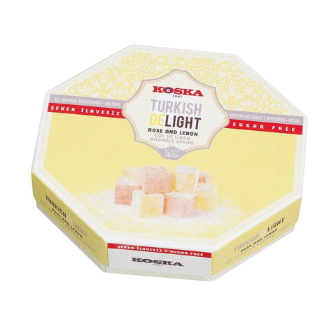 No sugar added rose and lemon flavored Turkish delight in a decorative hexagon box by Jag Couture London New York.
