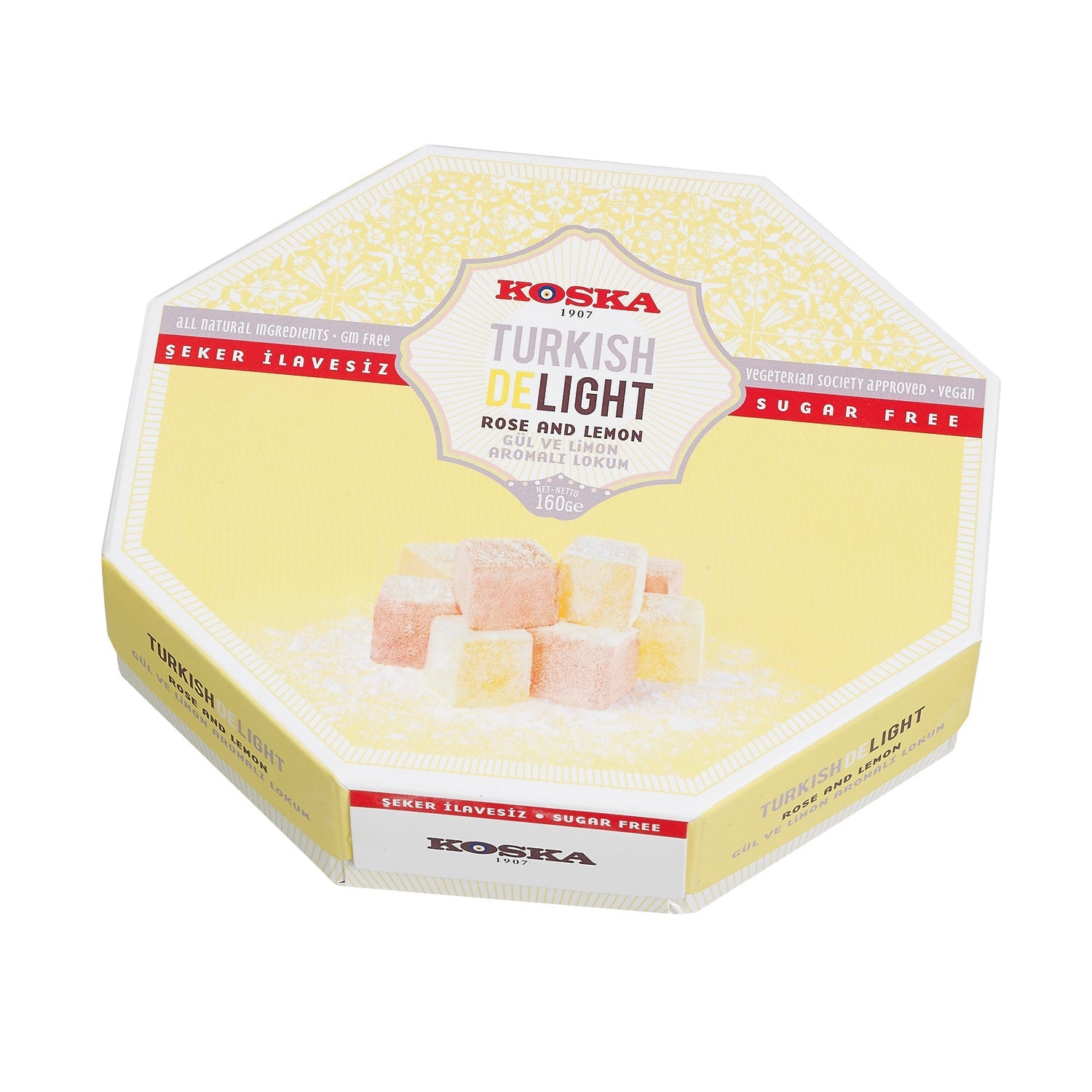 Turkish Delight with rose and lemon flavors in a hexagon box by Jag Couture London - New York, no sugar added, colorful and tempting.