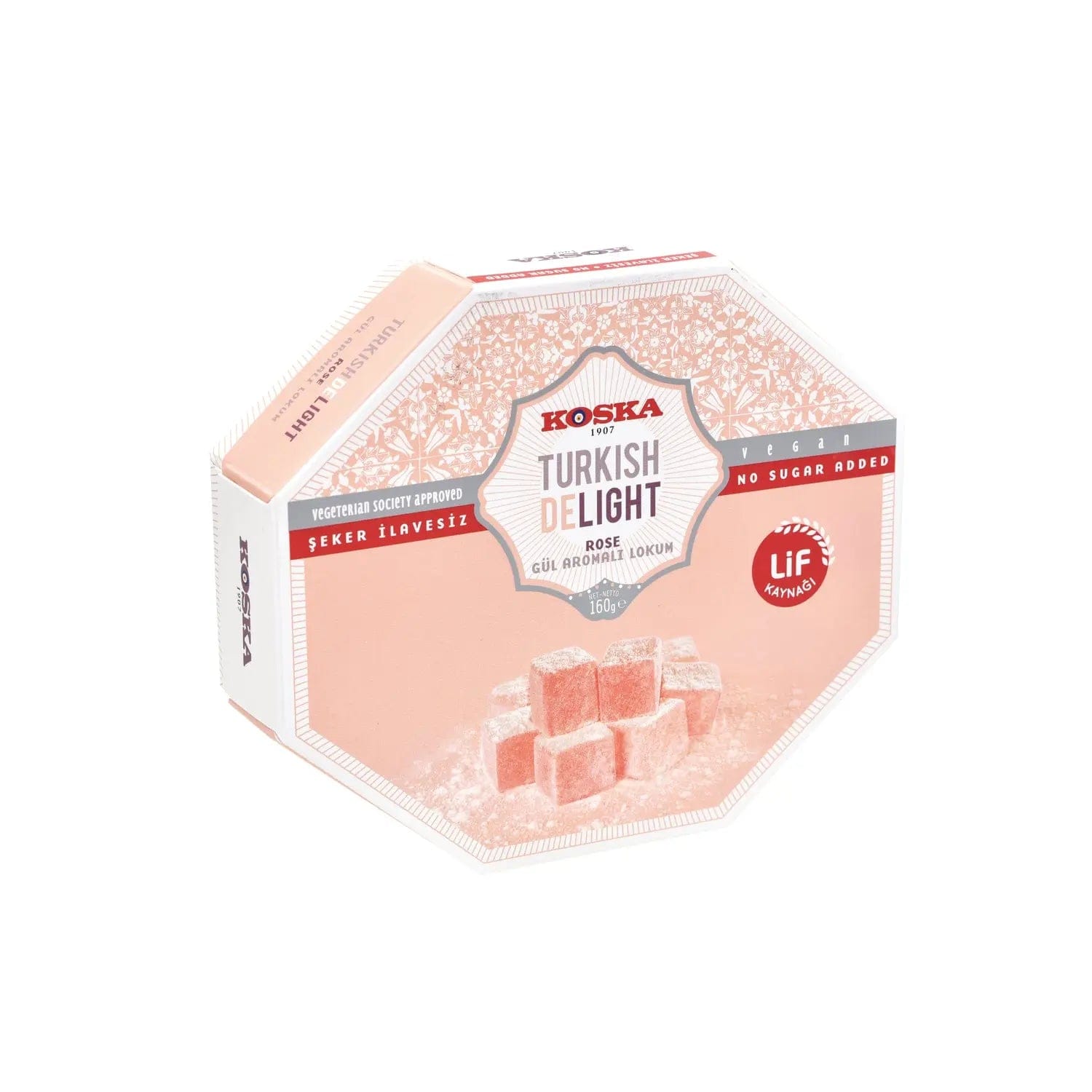 Rose-flavored Turkish Delight with no sugar added in a decorative hexagon box by Jag Couture London New York.