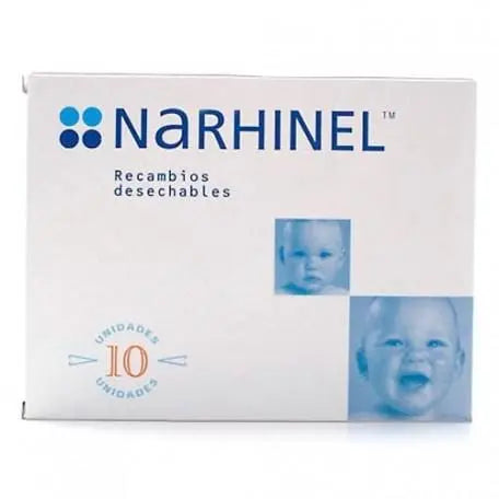Box of 10 Novartis Narhinel disposable spare parts for nasal aspirator, designed for easy replacement and hygiene.