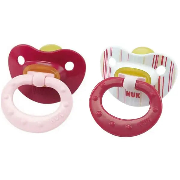 Pair of Nuk Classic Shooter T1 Fashion Rose latex baby bottles for 0-6 months, with pink silicone nipples, by Jag Couture London New York