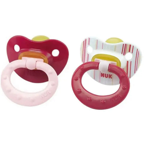 Pair of Nuk Classic Shooter T1 Fashion Rose latex baby bottles for 0-6 months, with pink silicone nipples, by Jag Couture London New York