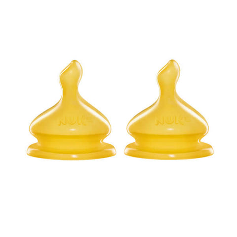 Two Nuk First Choice Size 1 latex teats for baby bottles, featuring soft, natural latex material with branding details.