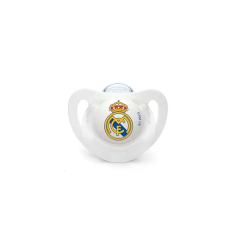 Silicone pacifier with FC Real Madrid logo, suitable for 6-18 months, by Jag Couture London - New York.