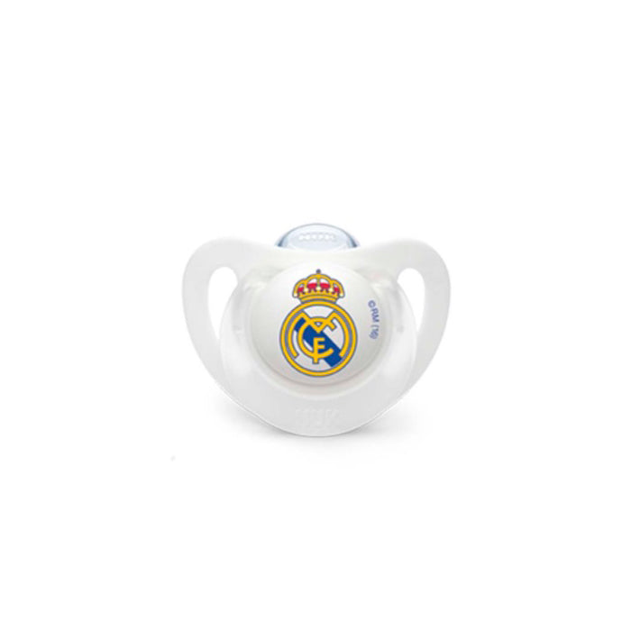 Silicone pacifier with FC Real Madrid logo for 6-18 months, designed for babies, by Jag Couture London New York.
