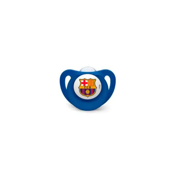 Silicone pacifier with FC Barcelona logo for 18-36 months, by Jag Couture London New York, featuring a soft teat and colorful design.