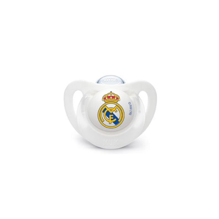 Nuk pacifier with silicone teat featuring FC Real Madrid logo, suitable for 18-36 months, by Jag Couture London New York.