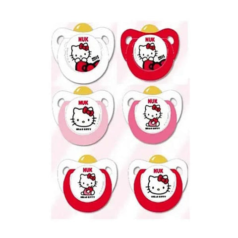 Two Nuk Trendline Hello Kitty latex soothers for 0-6 months, designed for infants, with cute Hello Kitty branding.
