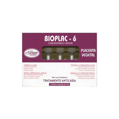 Nurana Bioplac-6 anti-hair loss treatment ampoules by Jag Couture London, showing six 10ml ampoules in the image.