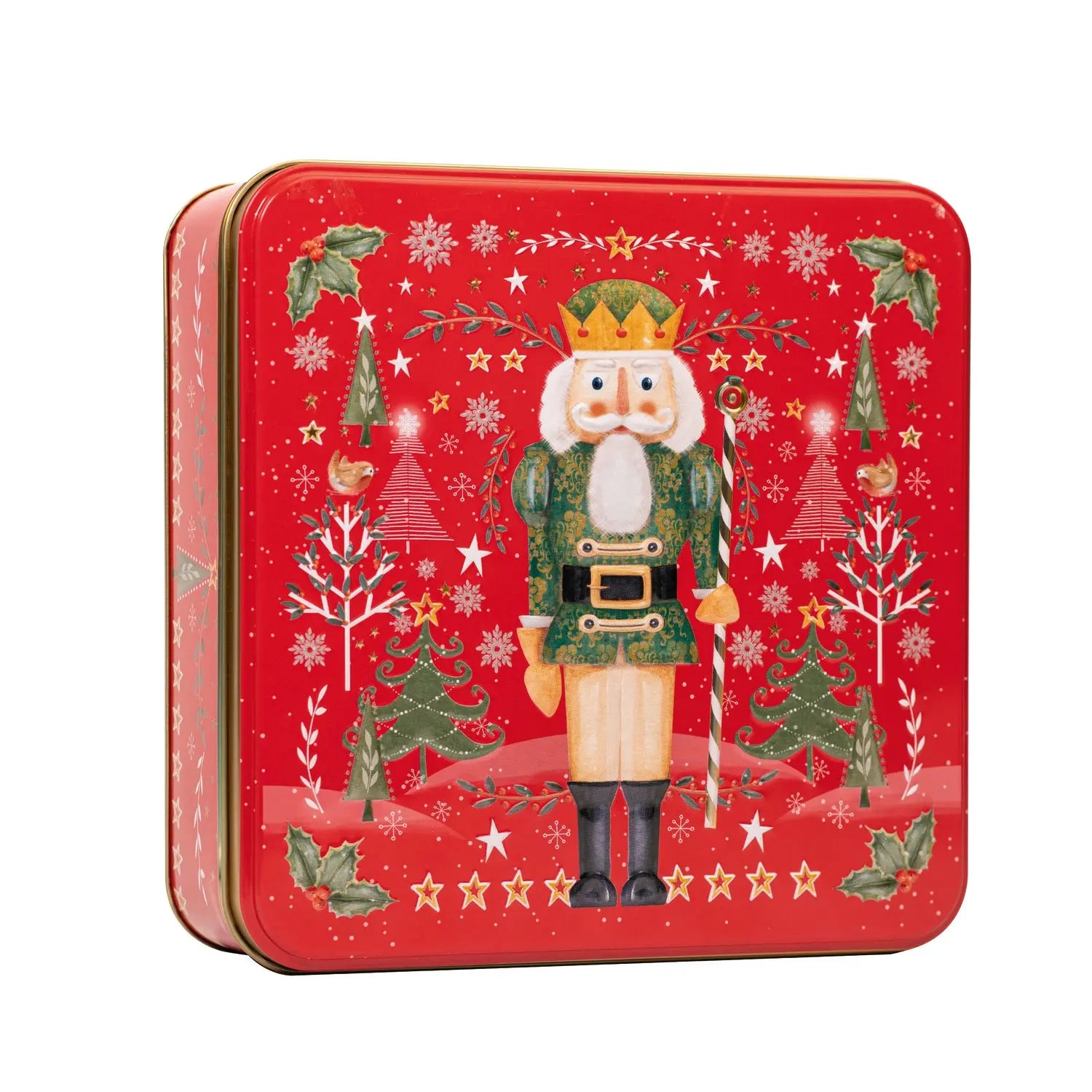 Jag Couture London-New York Nutcracker square tin of assorted biscuits in festive packaging, VAT free, with colorful design.