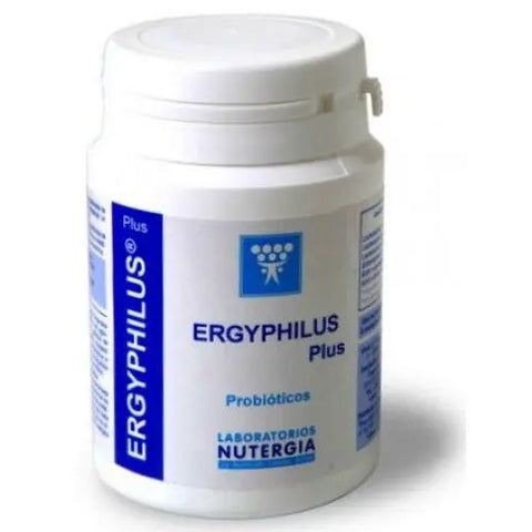 Nutergia Ergyphilus Plus probiotic capsules in a bottle, showing the packaging with 60 capsules by Jag Couture London New York.