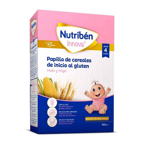 Nutribén Papilla Cereals gluten starter cereal in 300g package, showcasing the product with a box of gluten-free baby cereal.