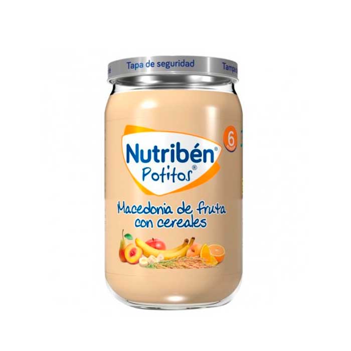 Nutribén Potito Macedonia with Cereals baby food jar by Jag Couture London - New York, 235g, showing the label and packaging.
