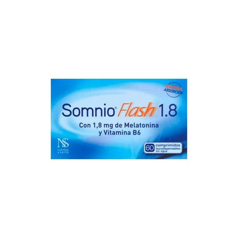 Jag Couture London - New York Nutricion and Santé Somnio Flash 1.8mg supplement with 60 capsules, shown in the product image.