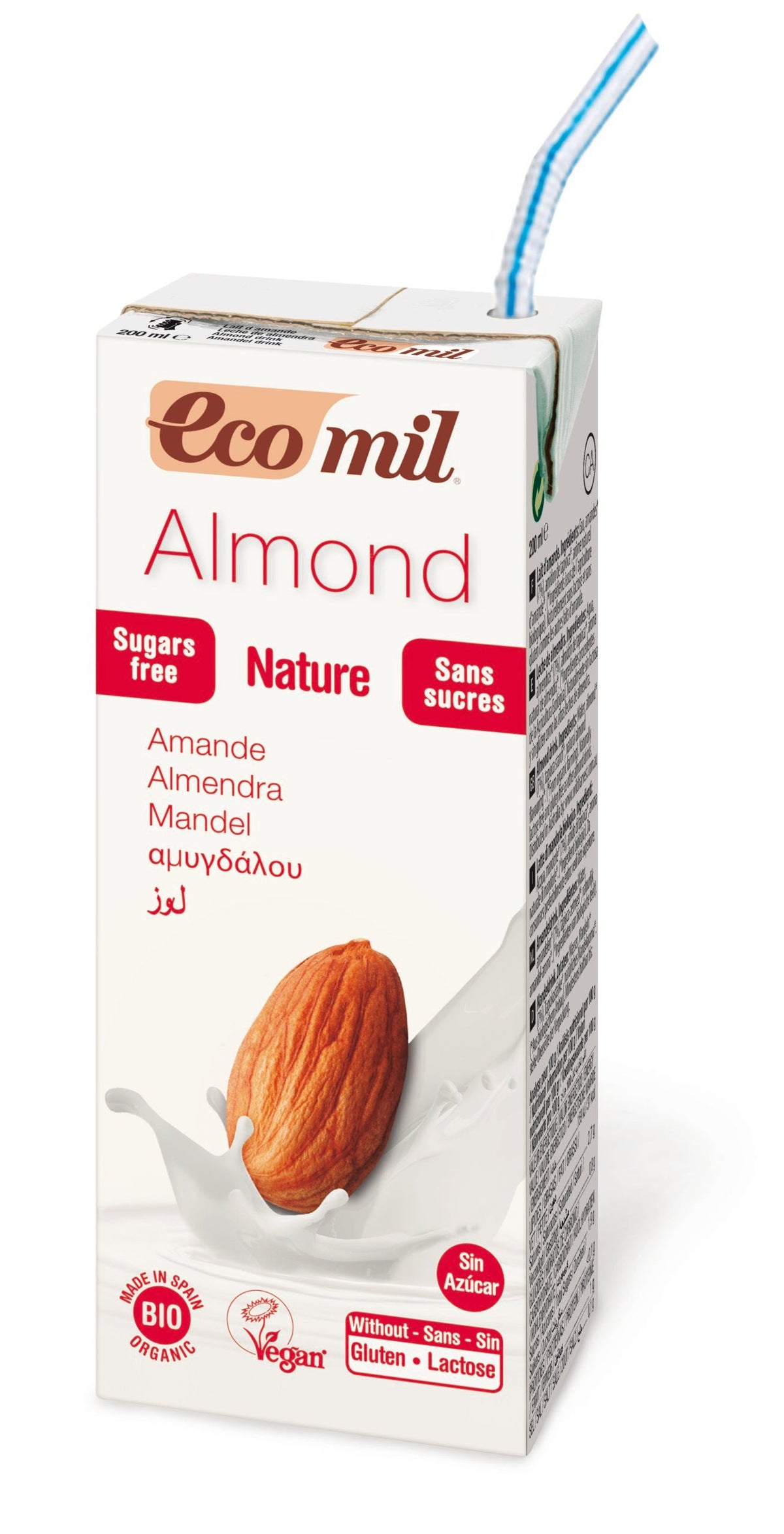 Organic Nutriops Ecomil Almond Nature Bio 200ml plant-based almond drink, shown in a clear glass bottle with a natural almond background.
