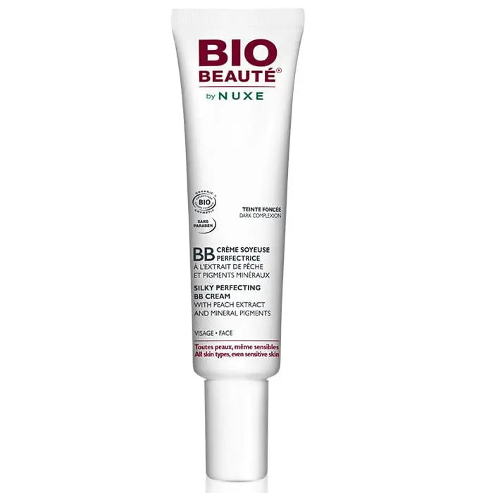 Nuxe Bio Beauté Silky Perfecting BB Cream for dark skin, 30ml, showcasing the smooth, blended formula in a sleek tube.