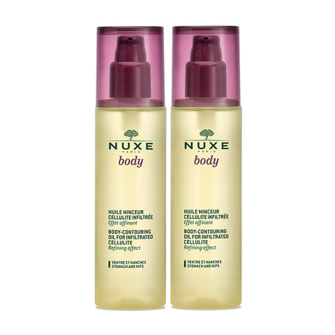 Jag Couture London New York Nuxe Body Contouring Oil for infiltrated cellulite, 2x100ml bottles, with a focus on the oil bottles.