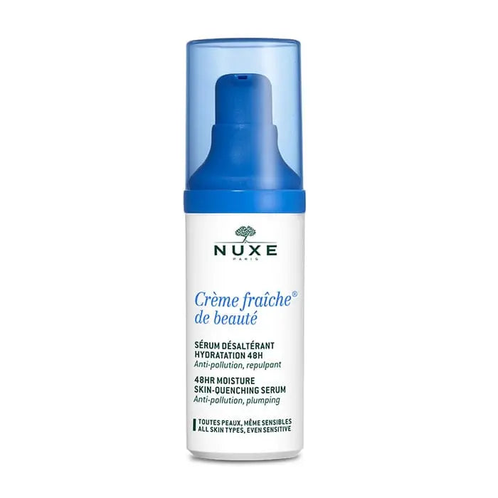 Nuxe Crème Fraîche De Beauté moisturizing serum in 30ml bottle, displayed with elegant packaging on a neutral background.