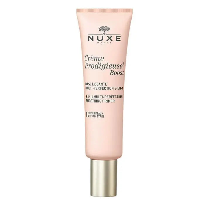 Nuxe Crème Prodigieuse Boost 5-in-1 multi-perfection smoothing cream 30ml, in a white jar with a silver lid, on a neutral background.