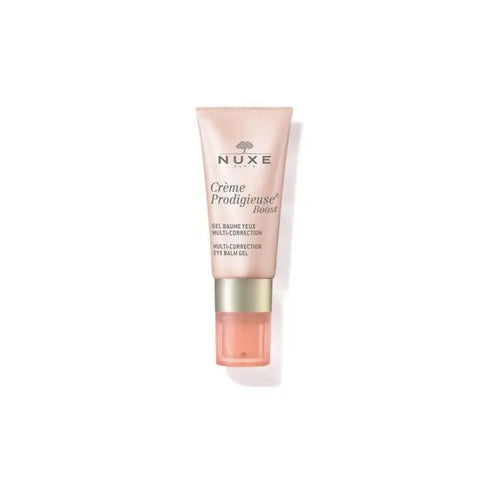 Nuxe Crème Prodigieuse Boost Multi-Correction Eye Balm Gel in 15ml jar, with the product label visible and the gel inside