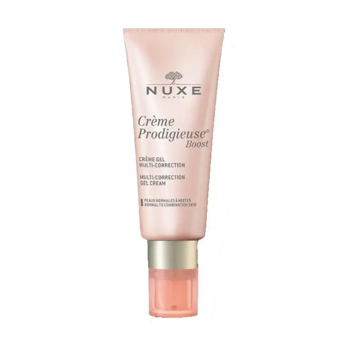 Nuxe Crème Prodigieuse Boost multi-correction gel cream in 40ml jar, with a sleek packaging and fresh skincare branding.