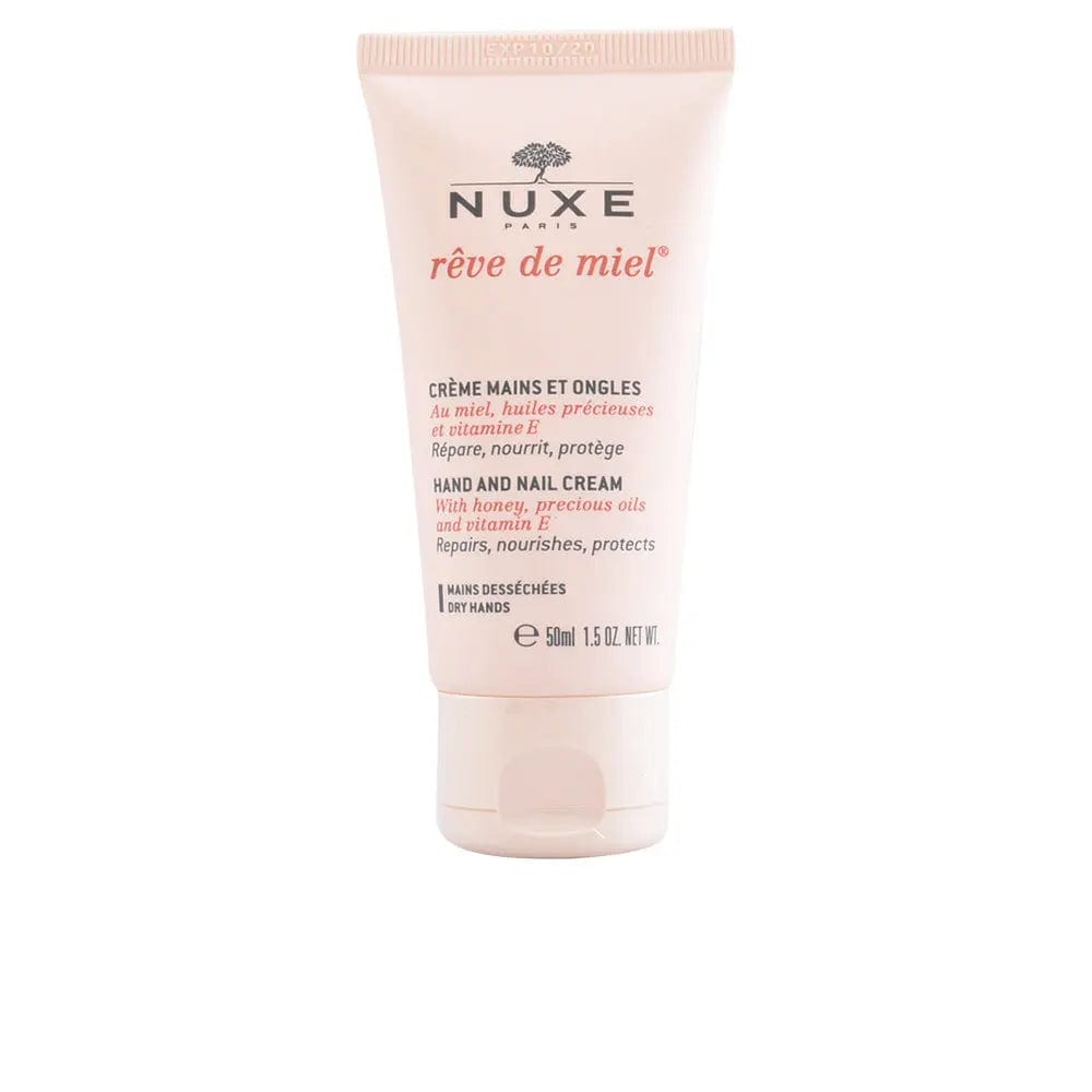 Nuxe Honey Reve Nourishing Hand and Nail Cream in 50ml jar, featuring golden honey and creamy texture for hydration.