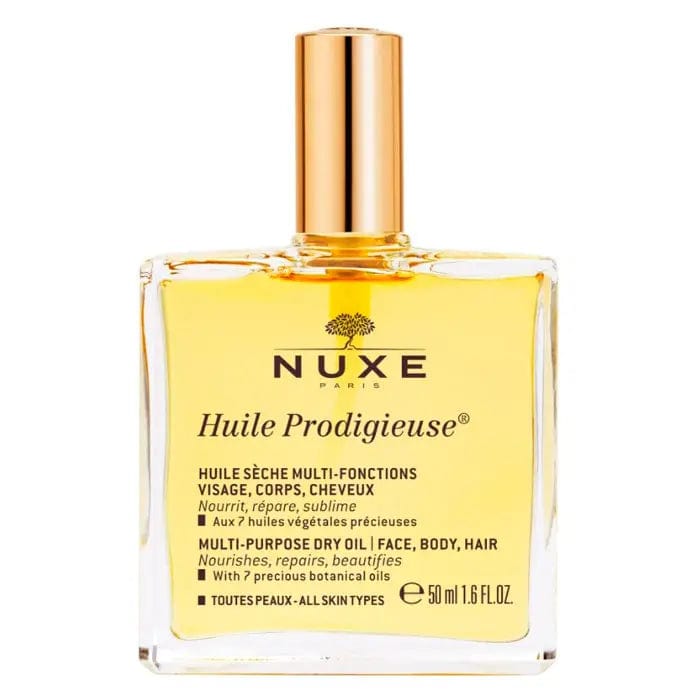 Nuxe Huile Prodigieuse multi-purpose dry oil bottle, 50ml, shown with golden oil and sleek packaging, ideal for face, body, and hair.