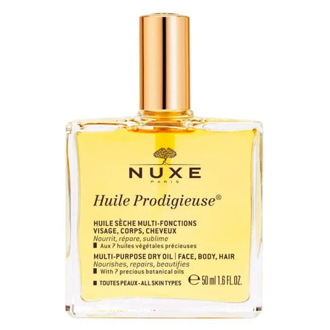 Nuxe Huile Prodigieuse multi-purpose dry oil bottle, 50ml, with golden liquid and sleek packaging, displayed by Jag Couture London.