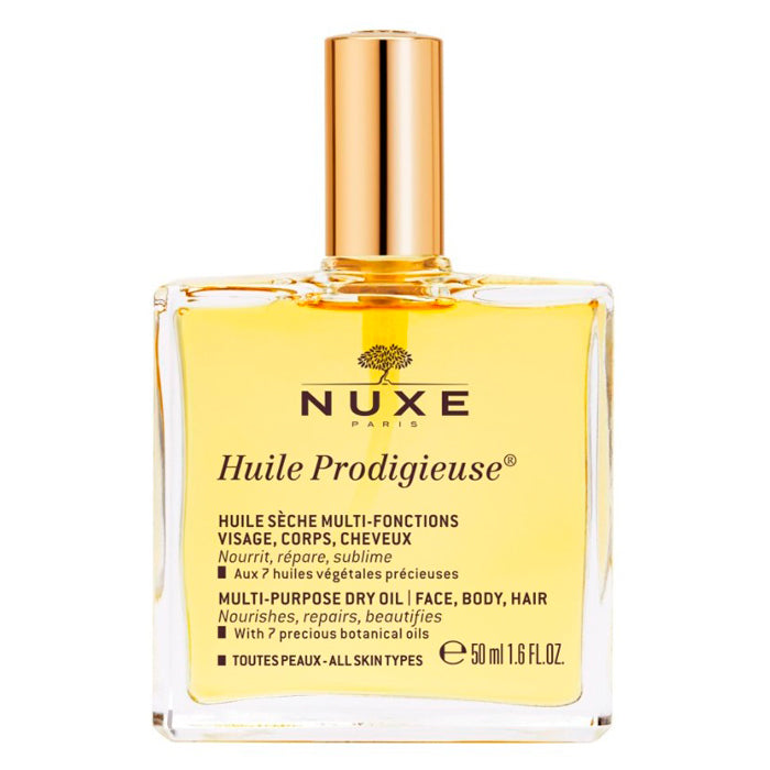 Nuxe Huile Prodigieuse multi-purpose dry oil in 50ml bottle, featuring a sleek dropper and golden liquid for face, body, and hair.