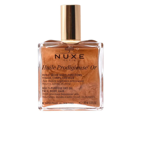Nuxe Huile Prodigieuse shimmering dry oil in a 100ml bottle, featuring a luxurious golden shimmer and elegant packaging.