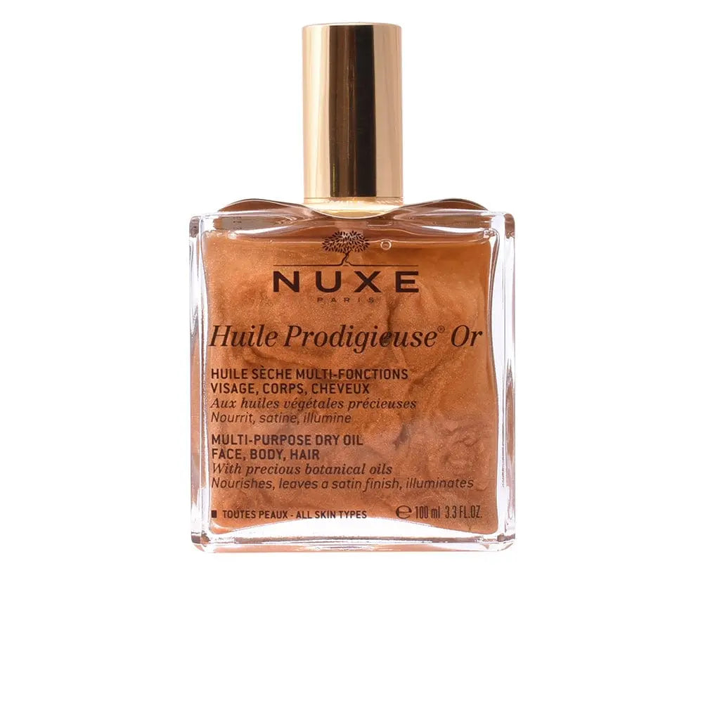 Nuxe Huile Prodigieuse Shimmering Dry Oil 100ml with shimmering finish, shown in a sleek bottle on a neutral background.