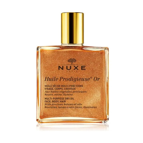 Nuxe Huile Prodigieuse Shimmering Dry Oil in 50ml bottle, with golden shimmer and luxurious dry oil texture.
