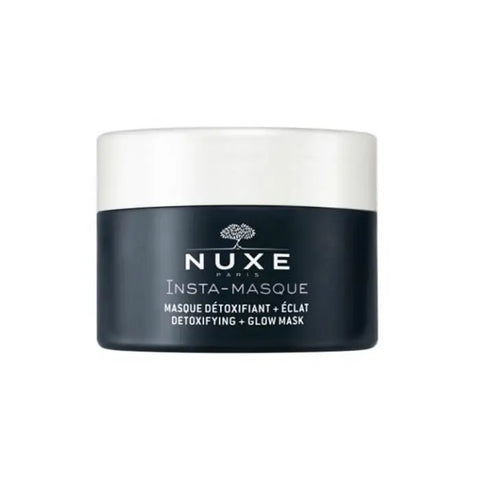 Nuxe Insta-Masque Detoxifying + Glow Mask with rose and charcoal in 50ml jar, designed for radiant skin.