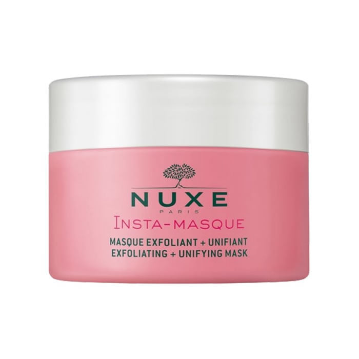 Nuxe Insta-Masque exfoliating and unifying mask with rose and macadamia in a 50ml jar, designed for radiant skin.