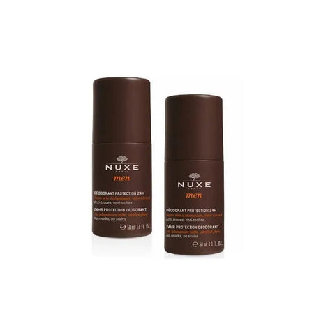 Nuxe Men Deodorant Protection 24h, two 50ml spray bottles, in sleek packaging, designed for men's daily freshness and odor control.