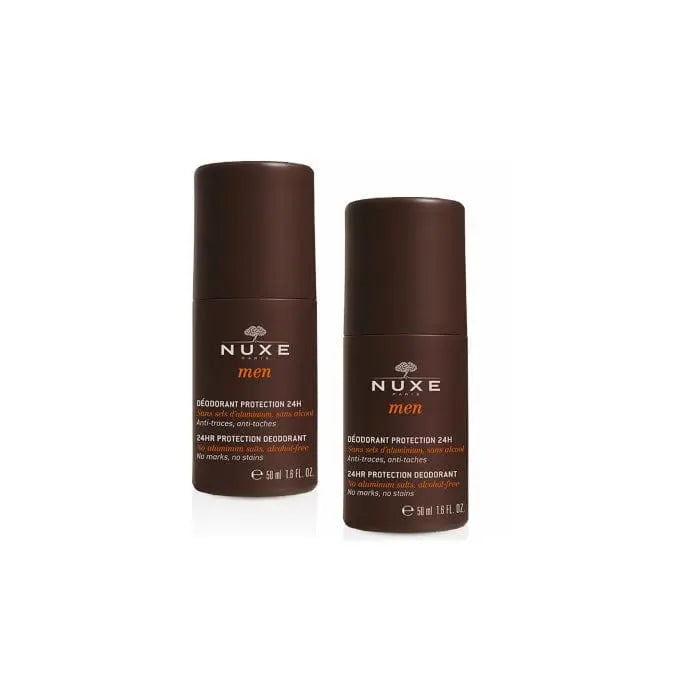 Nuxe Men Deodorant Protection 24h in two 50ml bottles, with sleek packaging, designed for long-lasting freshness.