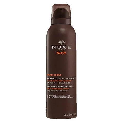 Nuxe Men Rasage De Rêve Anti-Irritation Shaving Gel in 150ml jar, with smooth gel texture and branding details.