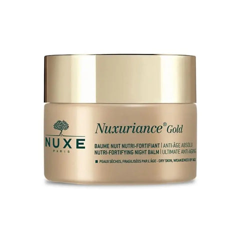 Nuxe Nuxuriance Gold Nutri-Fortifying Night Balm jar, 50ml, featuring luxurious gold packaging and nourishing skincare formula.