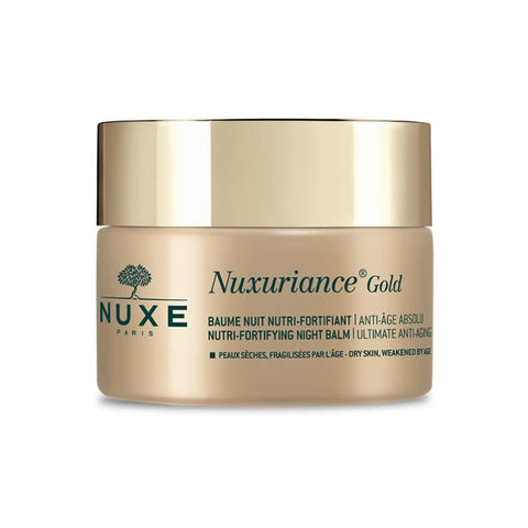 Nuxe Nuxuriance Gold Nutri-Fortifying Night Balm jar, 50ml, with gold accents, designed for nourishing and revitalizing skin.