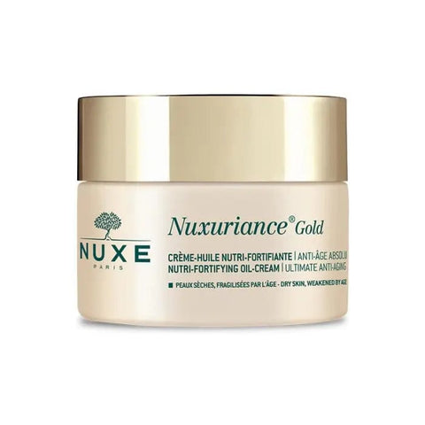 Nuxe Nuxuriance Gold Nutri-Fortifying Oil-Cream jar with gold accents, 50ml, shown on a neutral background.
