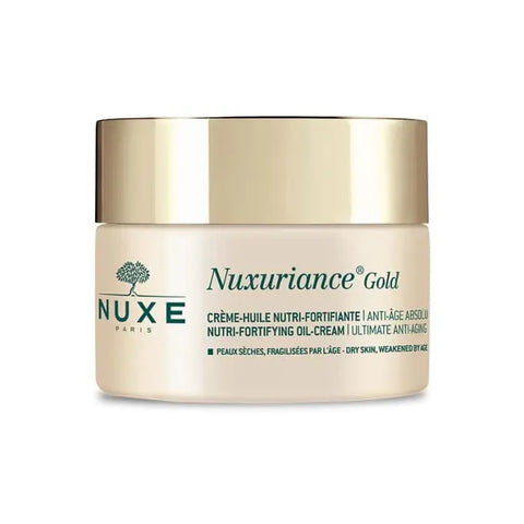 Nuxe Nuxuriance Gold Nutri-Fortifying Oil-Cream jar with gold accents, 50ml, shown on a neutral background.